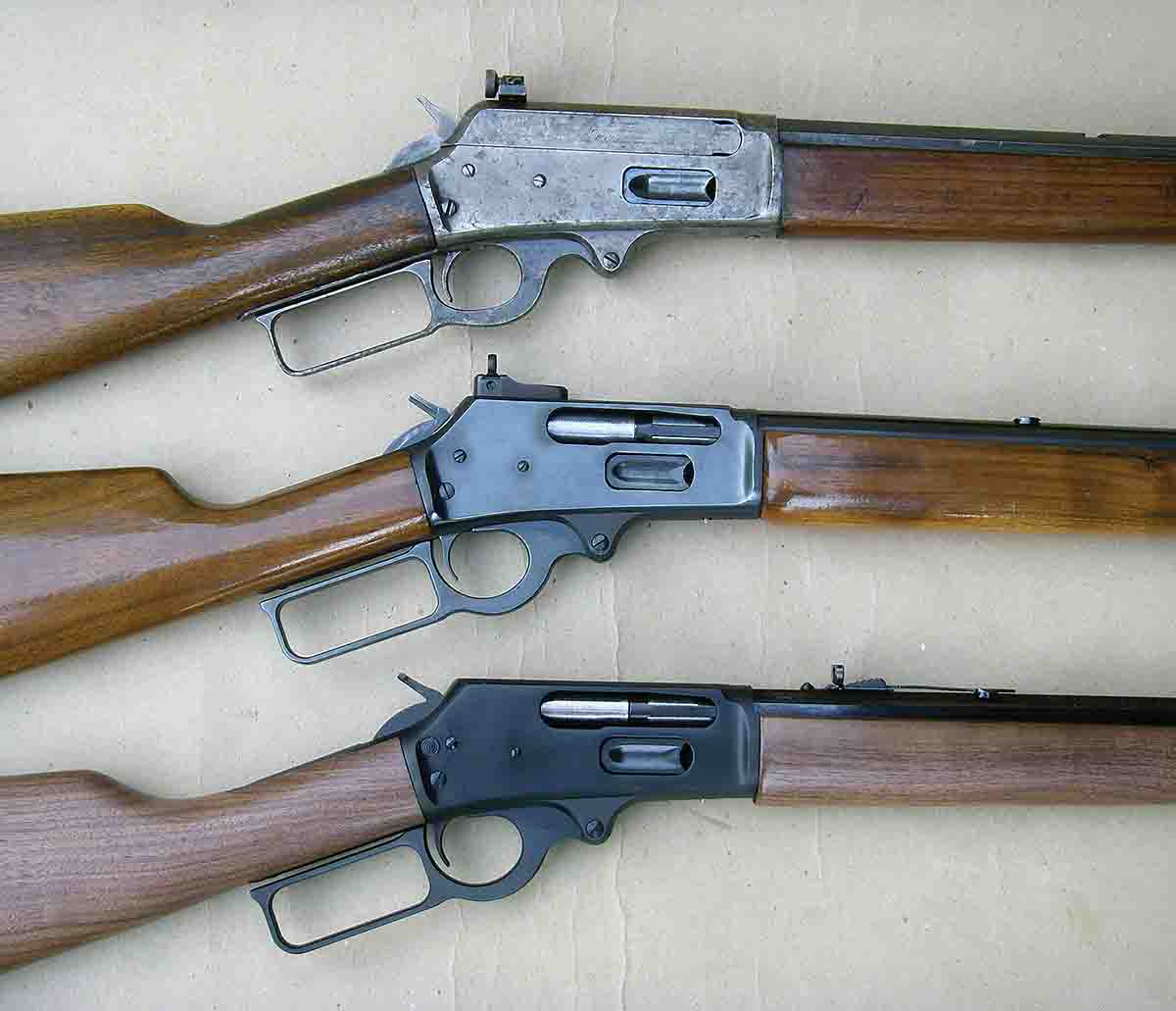 These Marlin Model 1895 .45-70 rifles represent three distinct production eras (top to bottom): an 1890’s era  example, 1972 production and 2016 production from the New York plant.